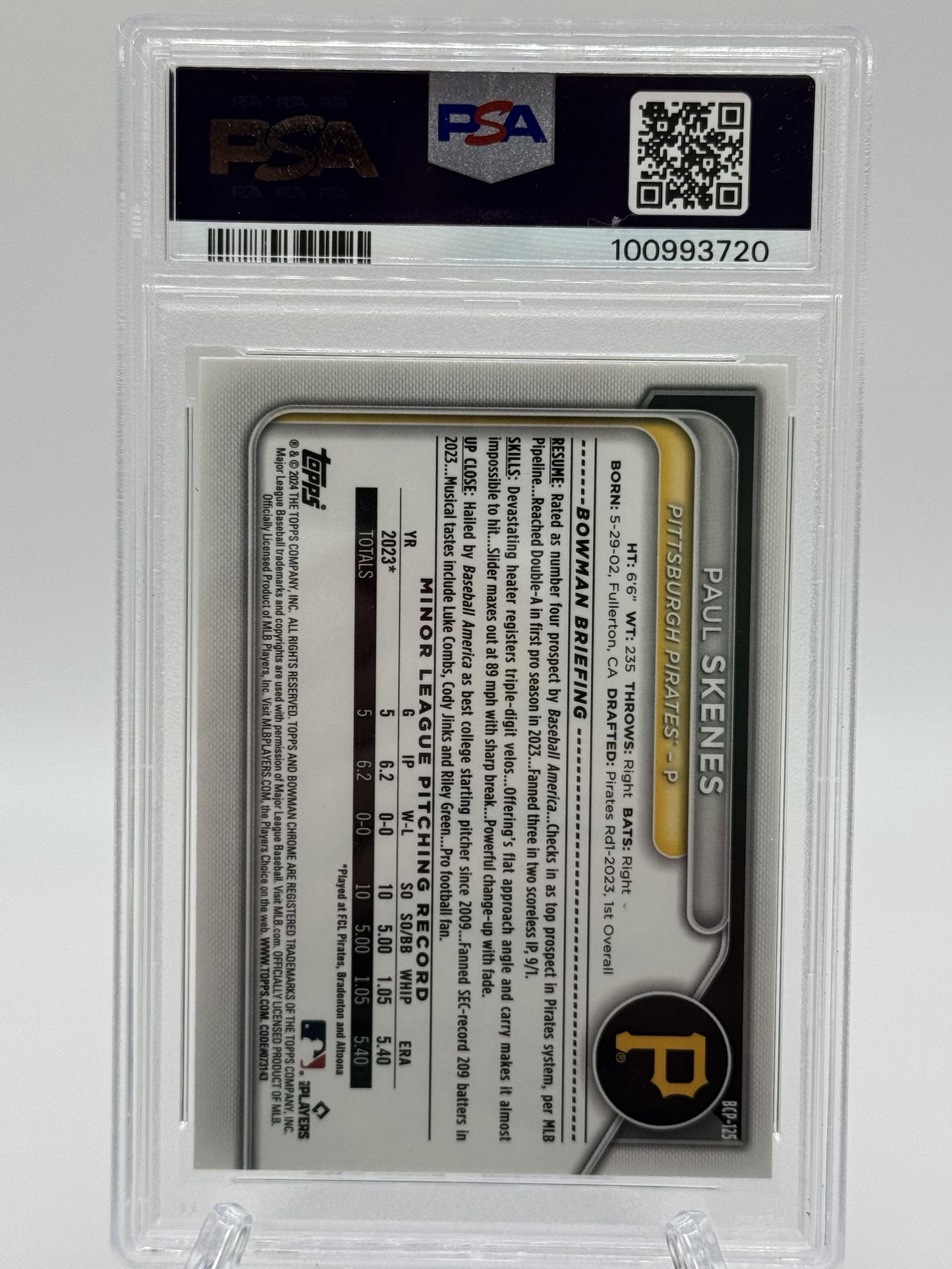 2024 Bowman #BCP-125 Paul Skenes Chrome Prospects Orange Refractors PSA 9 #/25