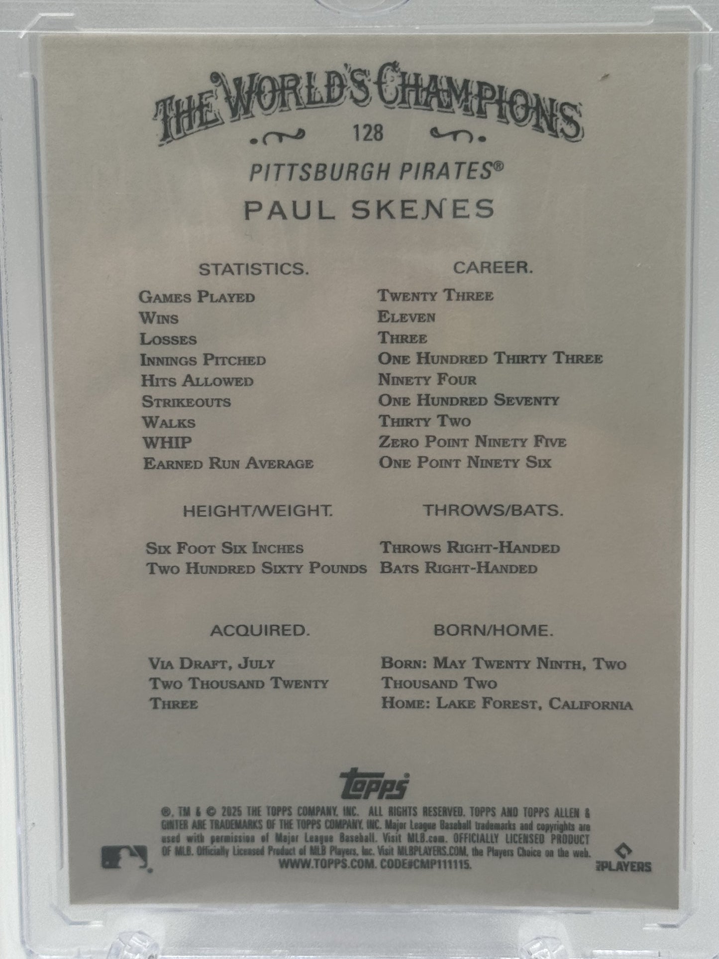 2025 Topps Allen & Ginter #128 Paul Skenes Foil Filagree Orange # 4/25