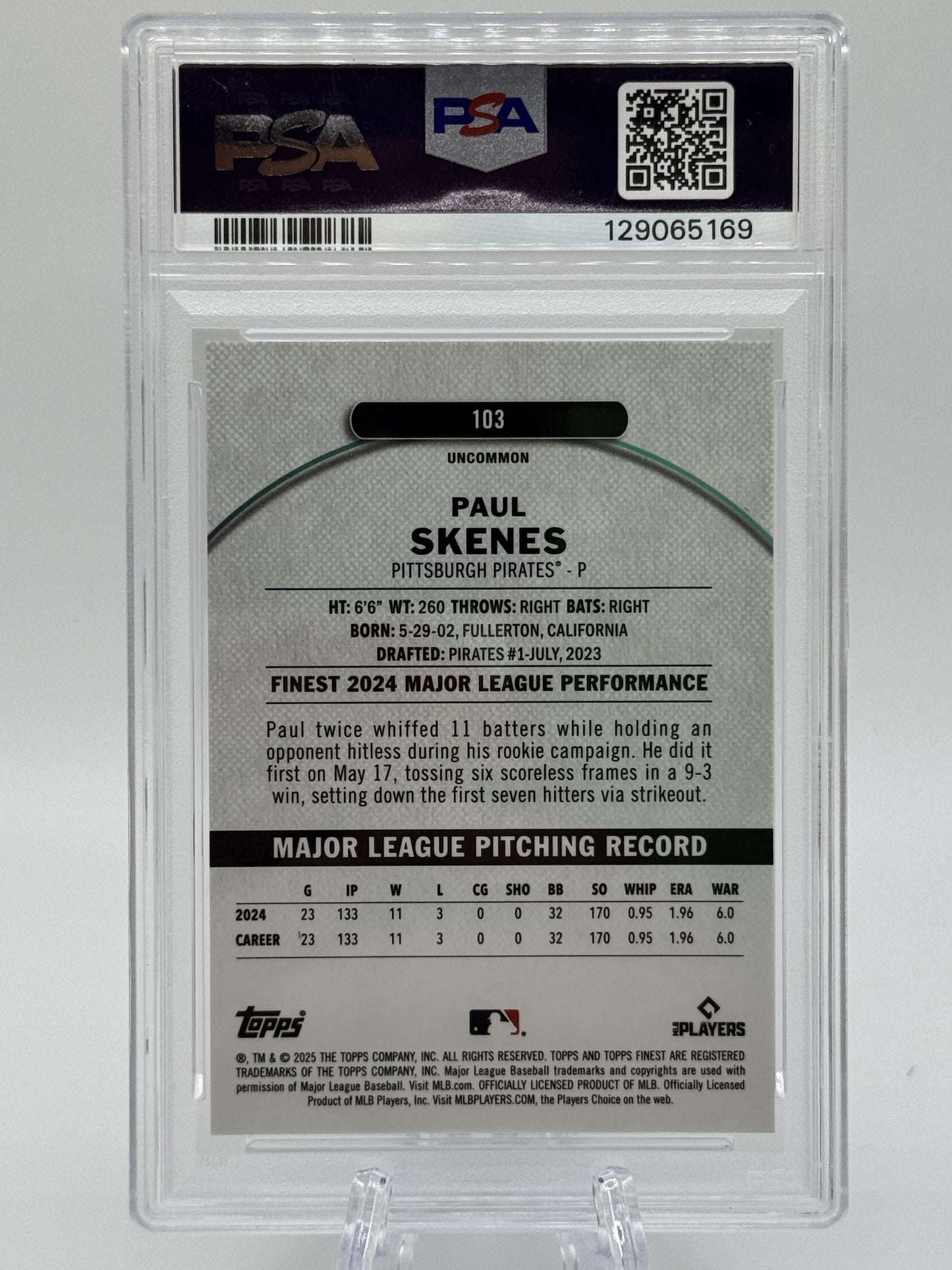 2025 Finest #103 Paul Skenes Pearl Checkerboard PSA 10 10/40