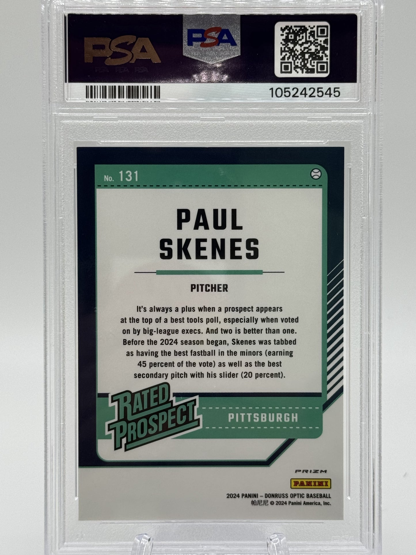 2024 Donruss #131 Paul Skenes Optic Black Pandora Prizms PSA 9