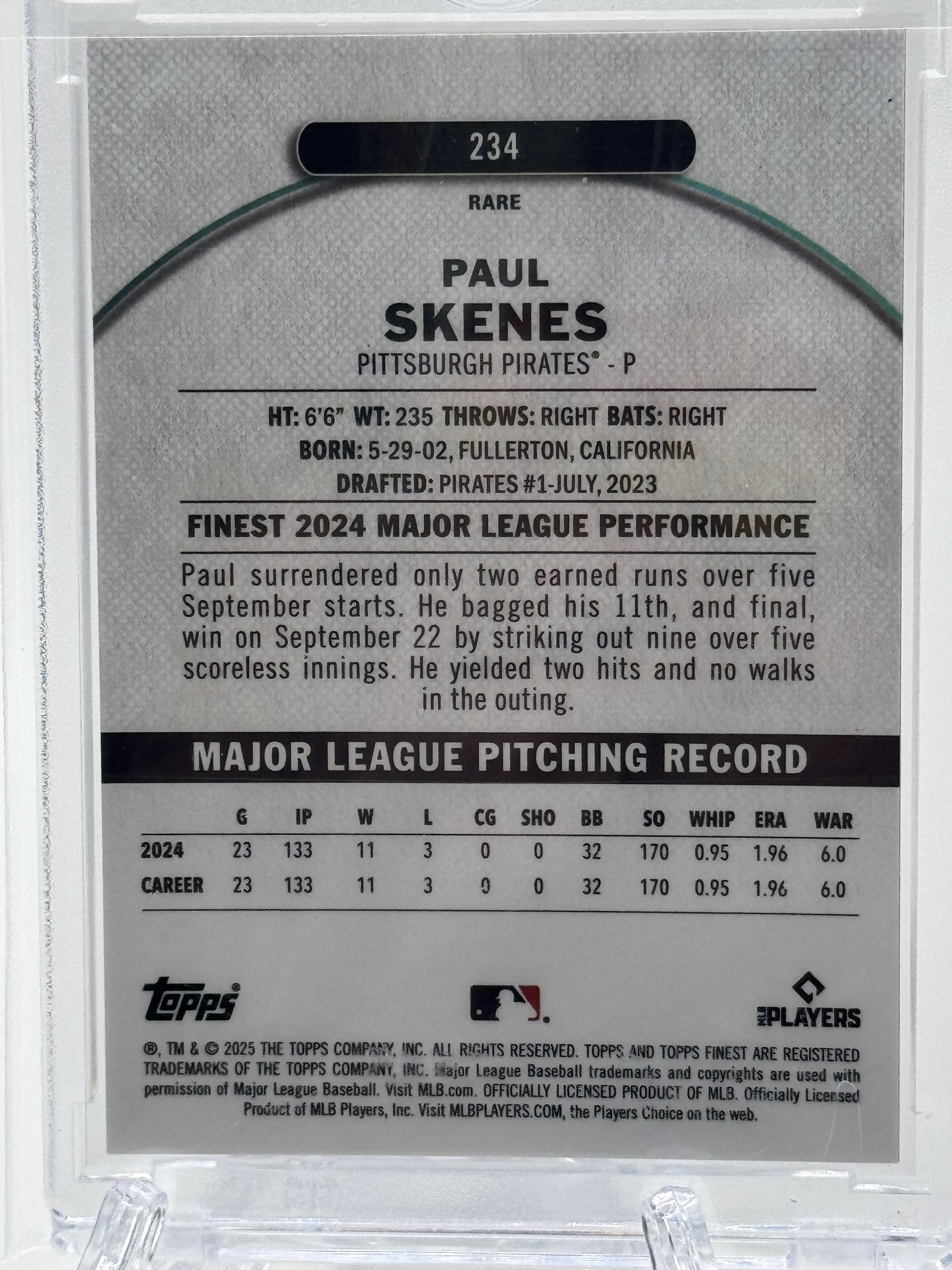 2025 Finest #234 Paul Skenes Orange # 6/15