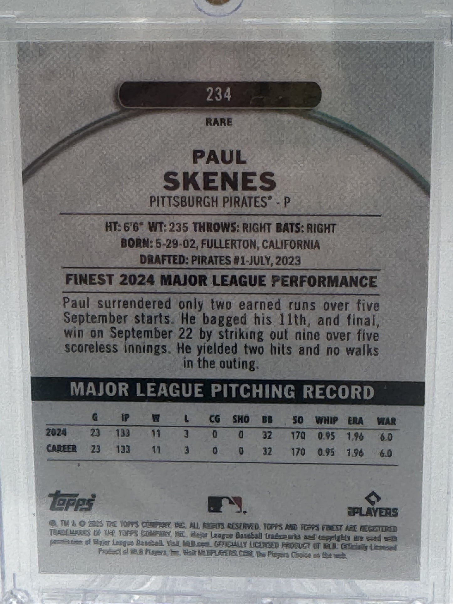2025 Finest #234 Paul Skenes Green Refractor # 07/25